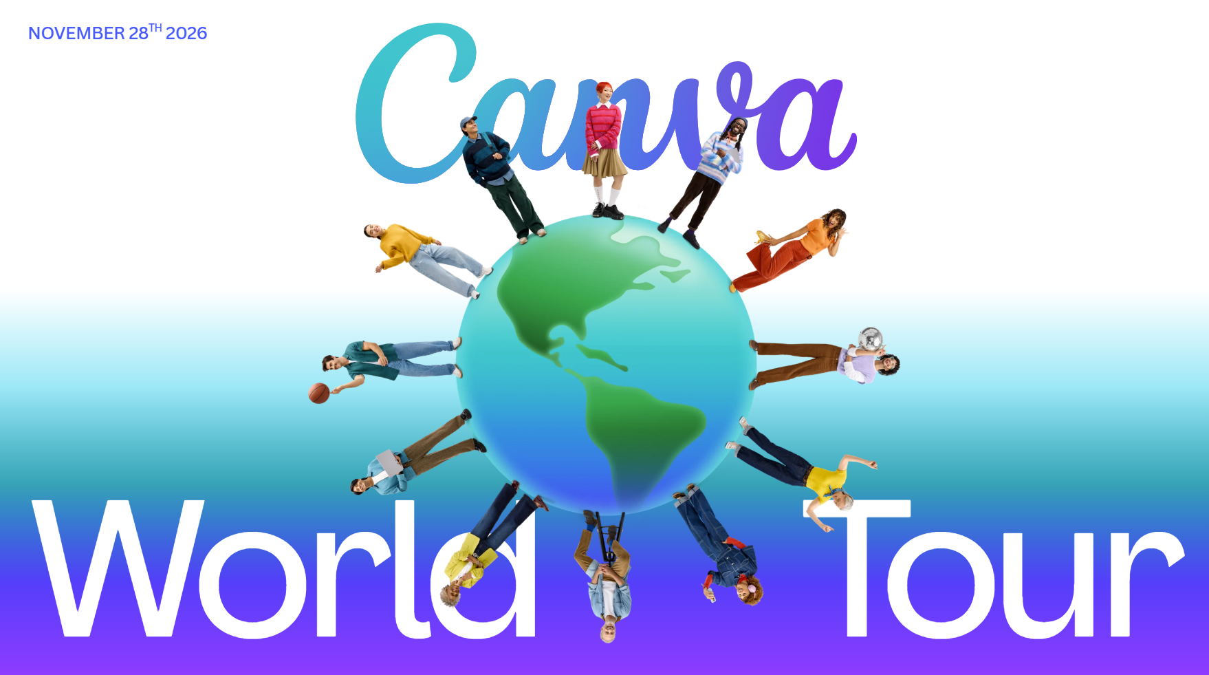 Canva World Tour, 28 November 2026 — people standing around a globe